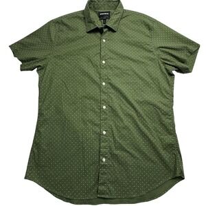 BONOBOS Mens Slim Fit Short Sleeve Button Down Shirt Green White Polka Dot XXL
